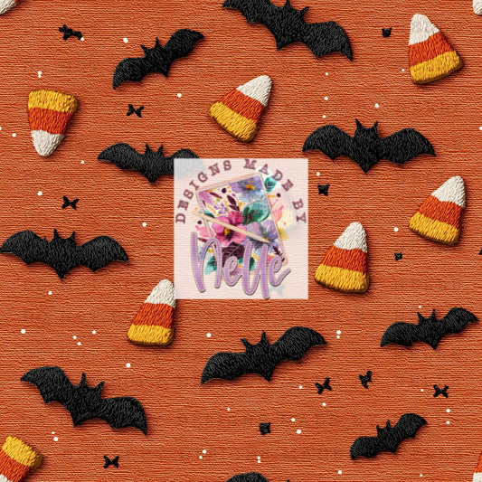 Embroidered bats (and candycorn)