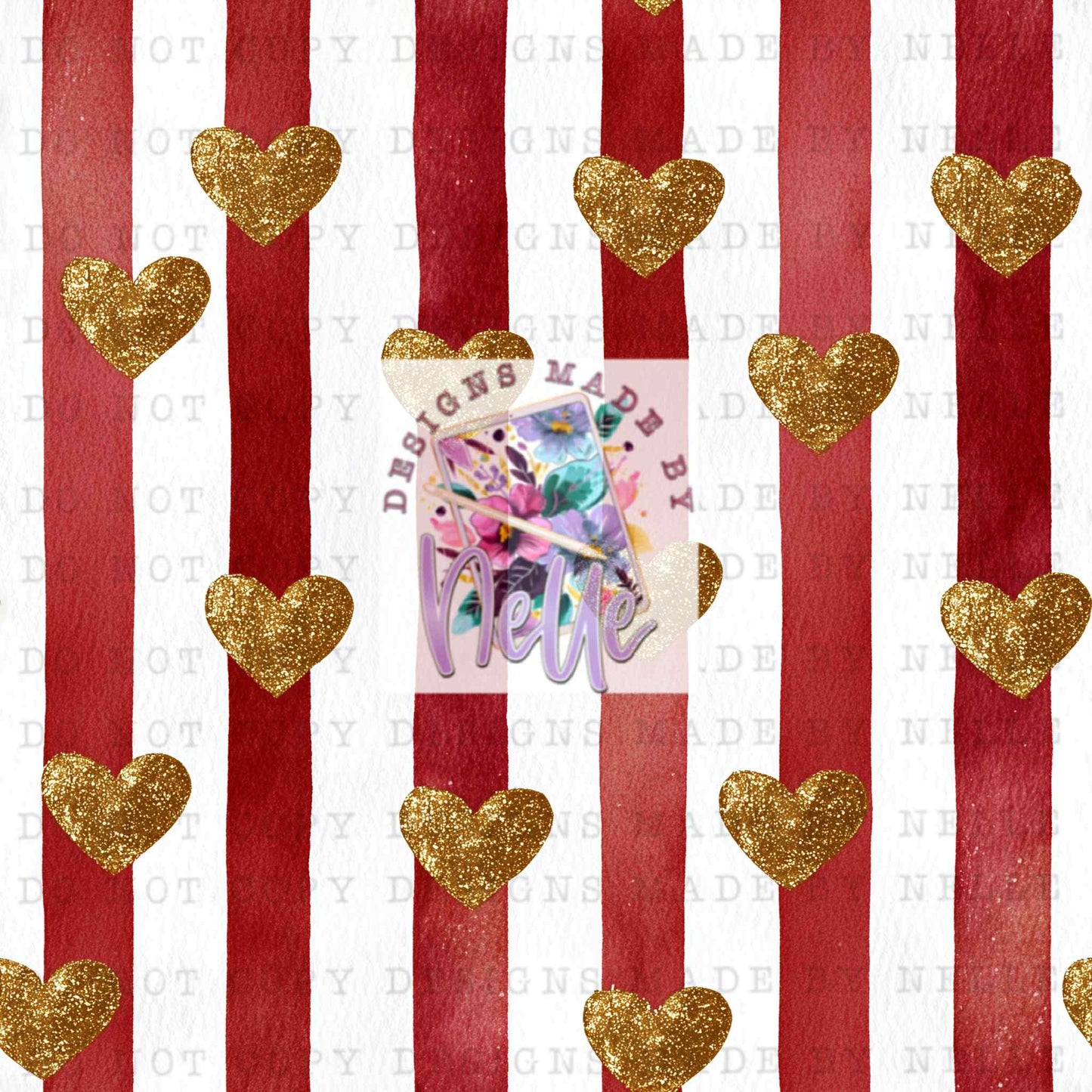 Golden hearts on red watercolor stripes