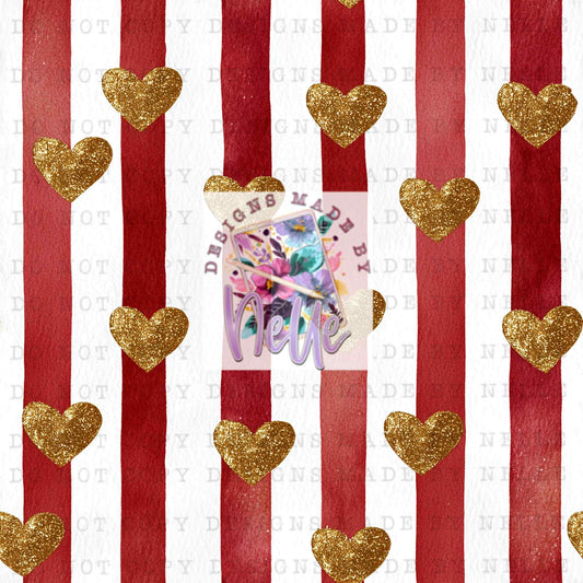 Golden hearts on red watercolor stripes