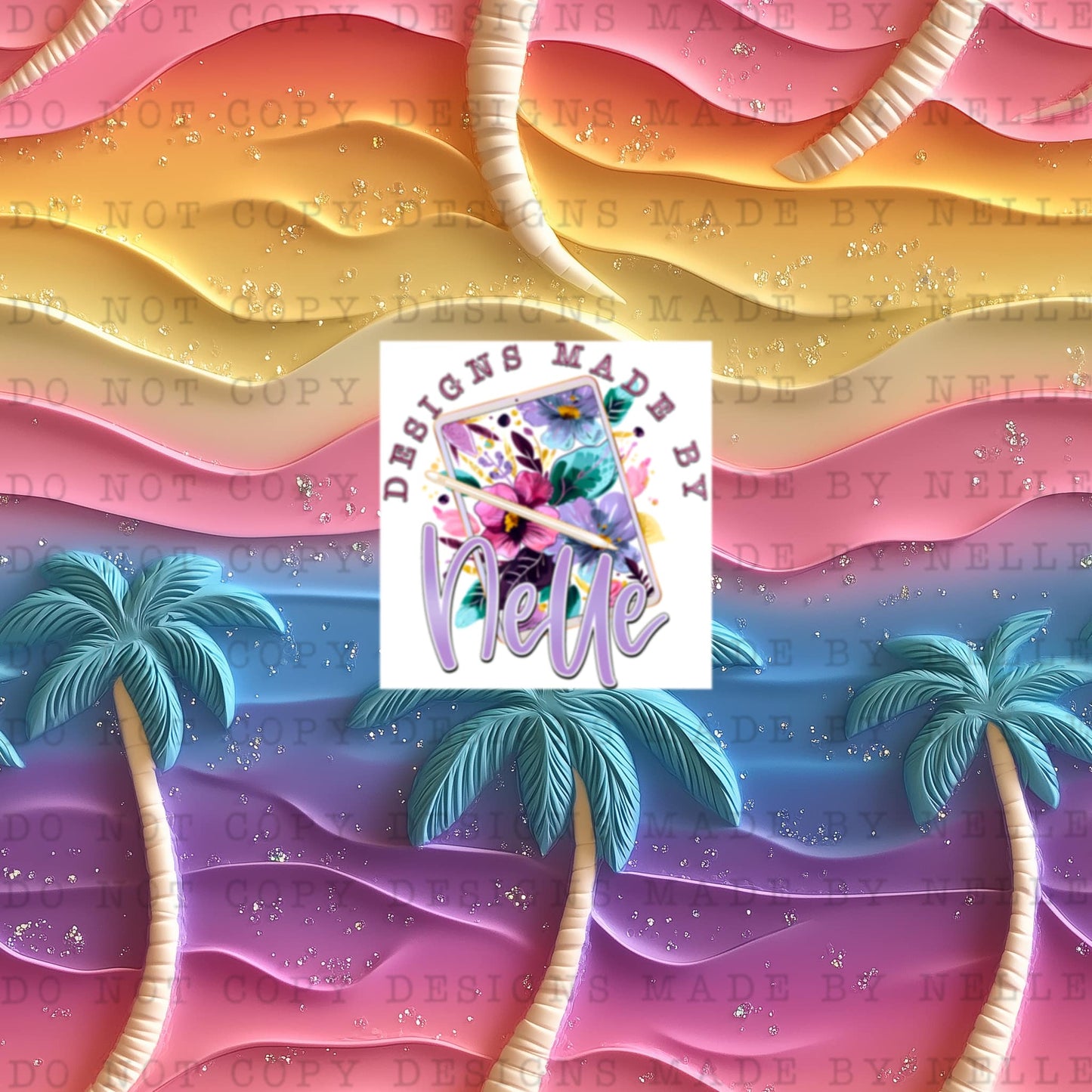3D rainbow sunset palm trees