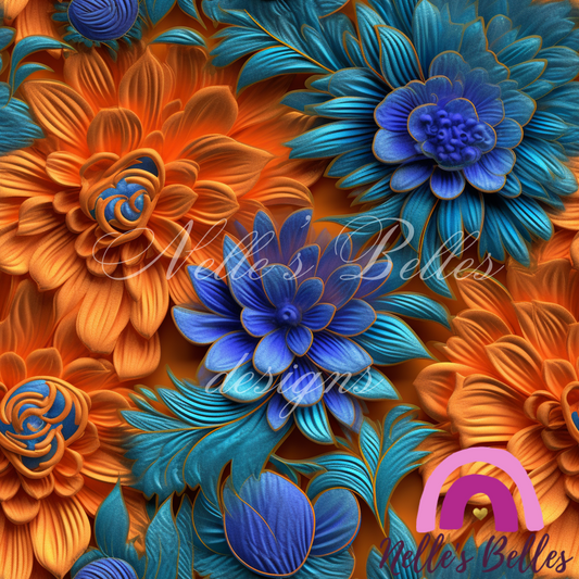 Orange and blue floral seamless