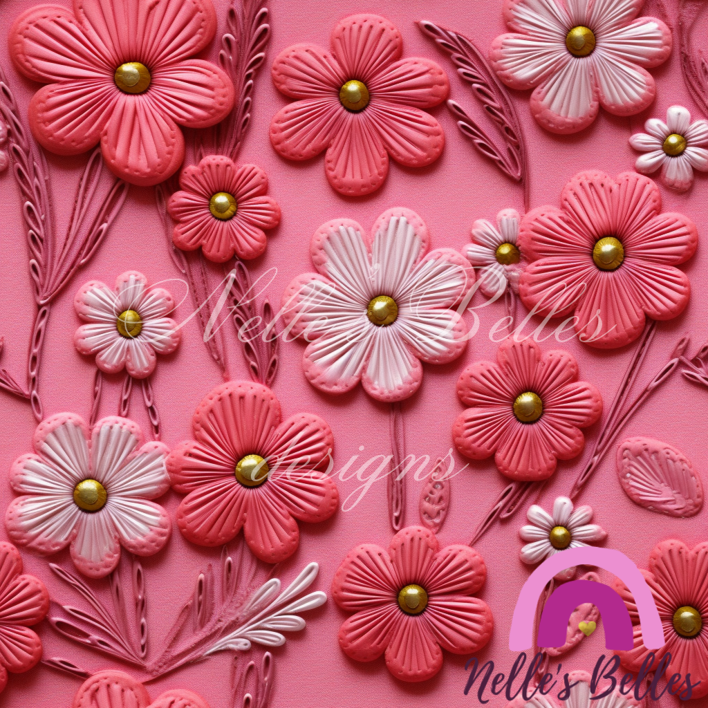 Pink stitched flowers seamless