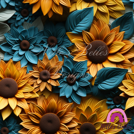 Sunflowers and dark blue flowers seamless