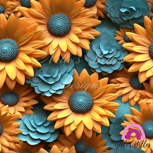 3-D sunflowers and blue flowers seamless