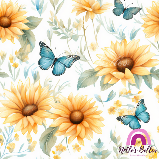 Sunflowers with light blue butterflies seamless