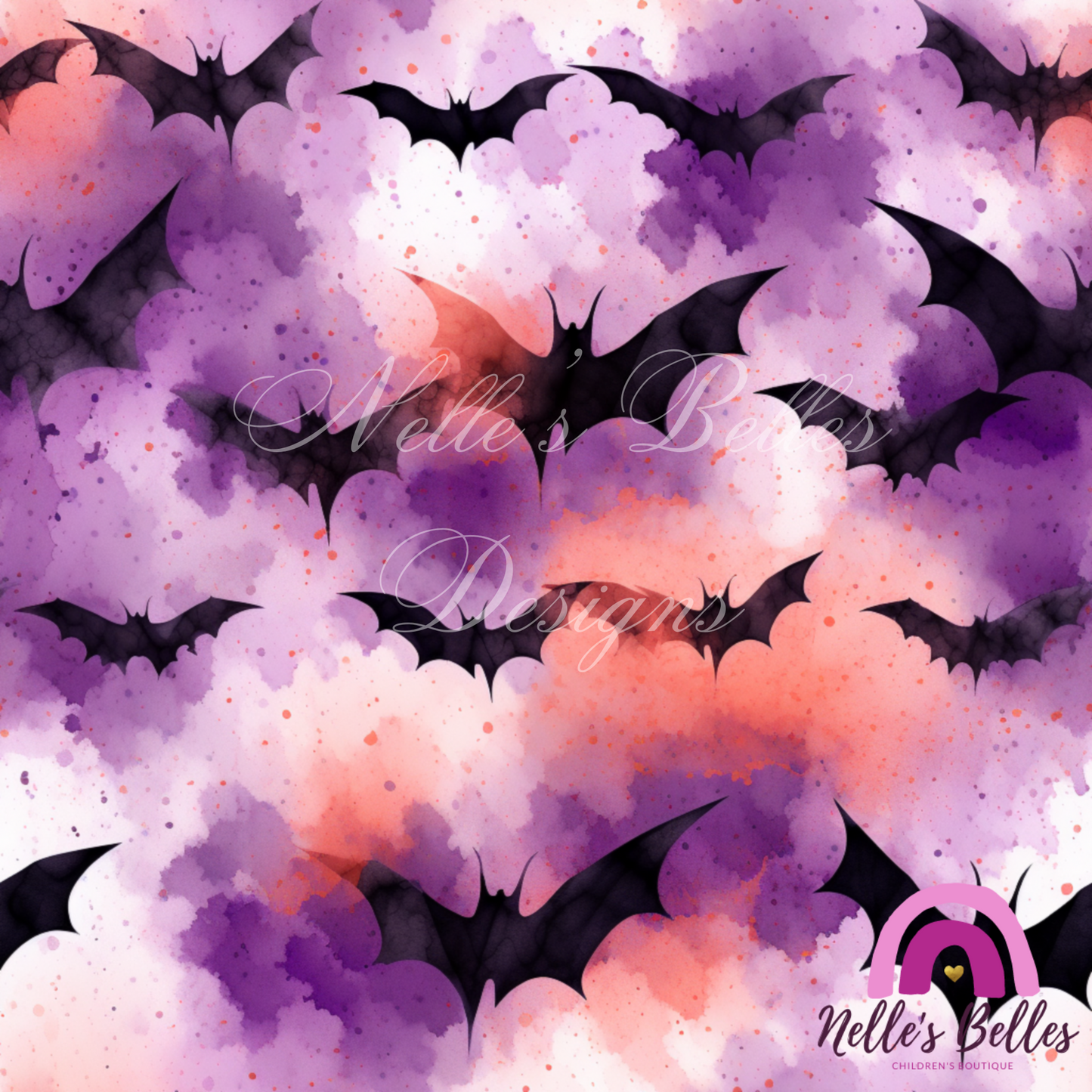 Purple, white and orange watercolor bats seamless