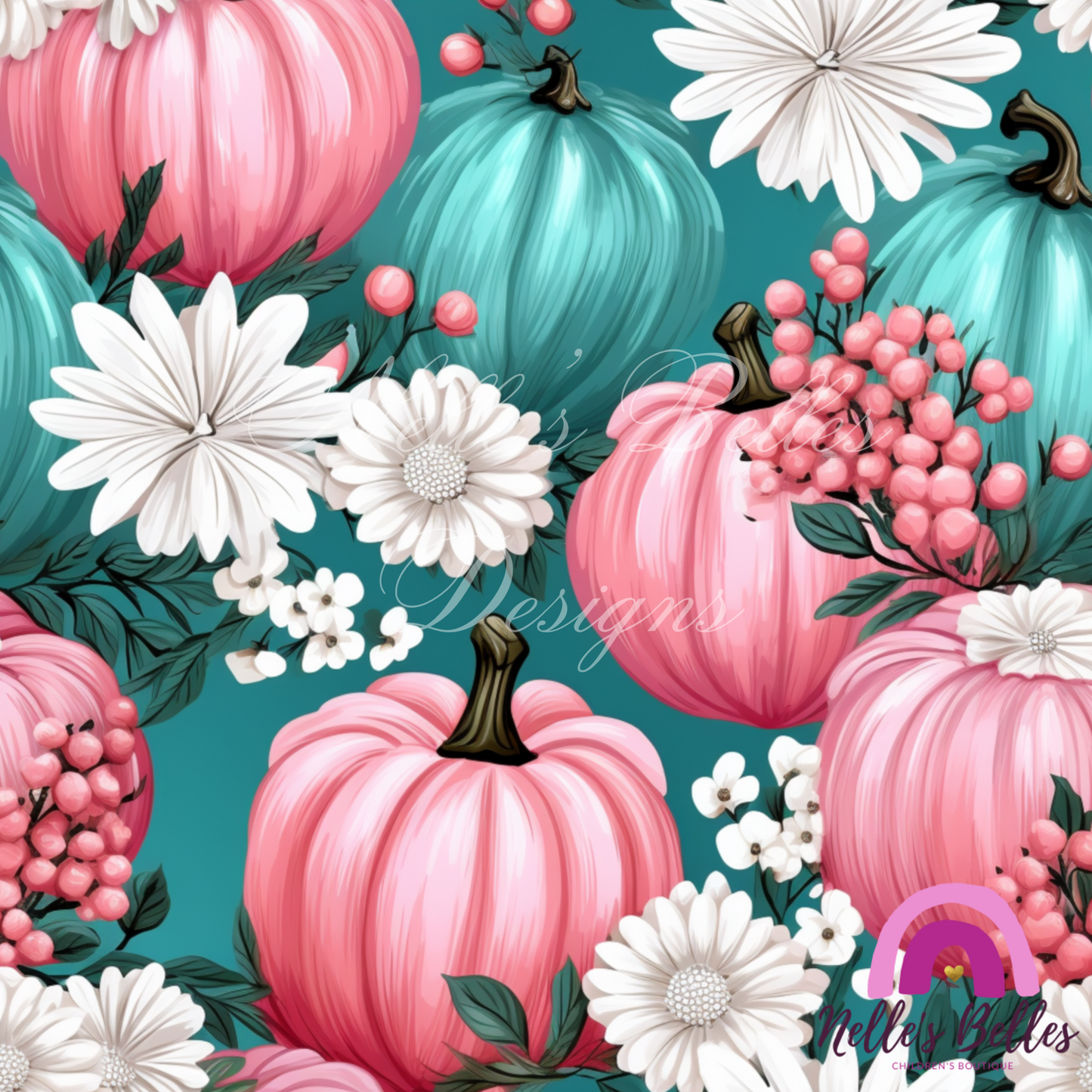 Teal and pink pumpkin floral seamless