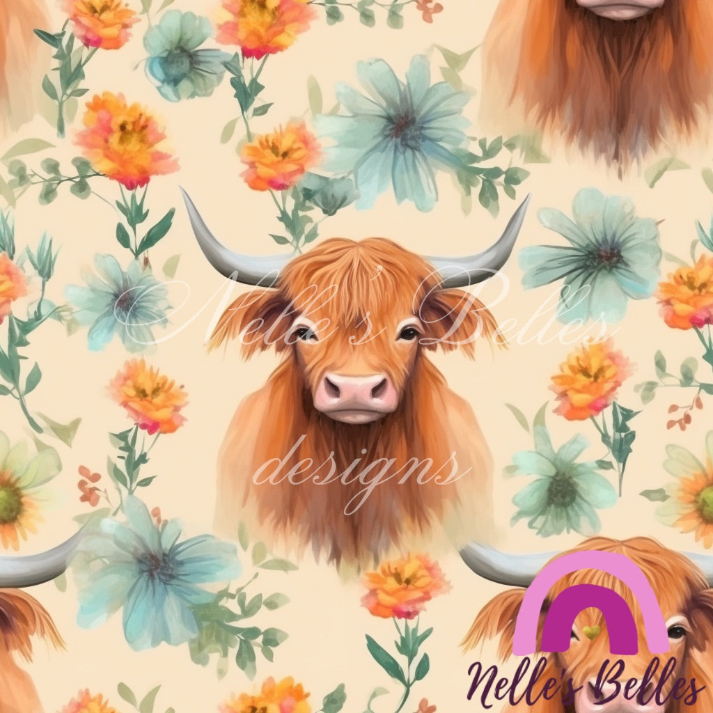 Highland cow floral seamless