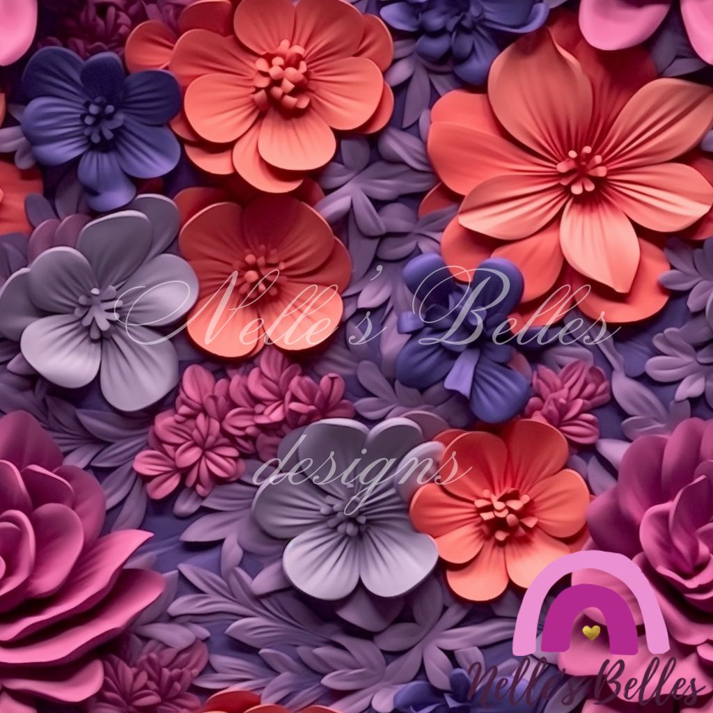 3d effect purple pink and orange flowers