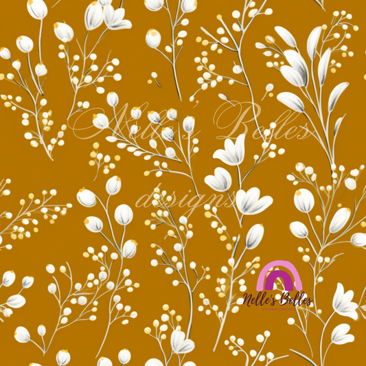 Mustard background with white botanicals seamless