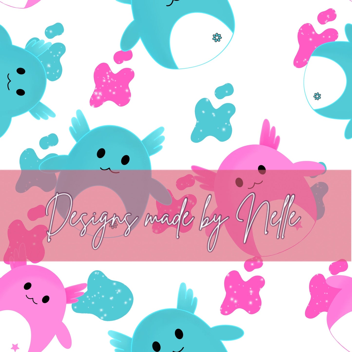 Aqua and Hot Pink Axolotl on White