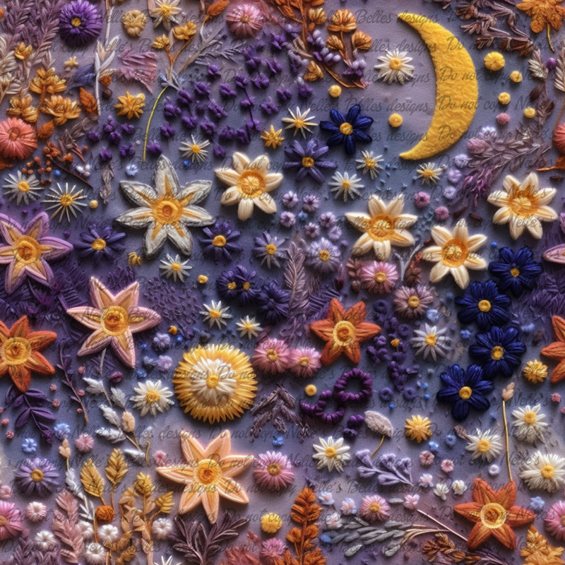 Embroidered moon and purple flowers 1