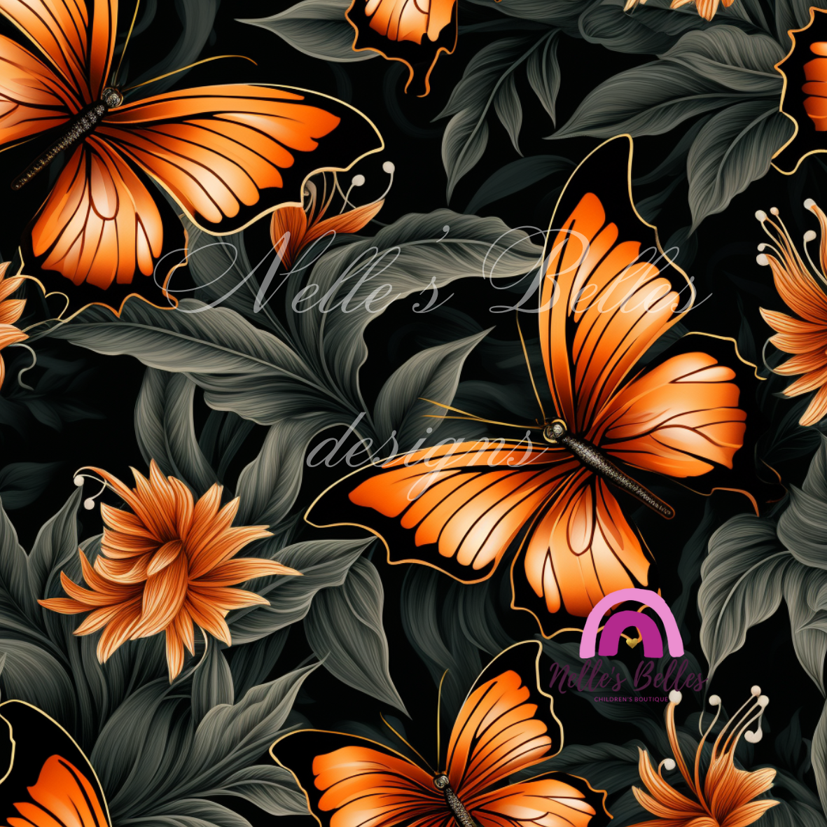 Orange and black butterfly with dark green leaves seamless