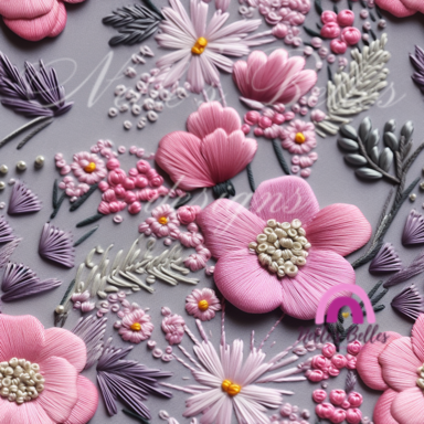 Pink gray and purple embroidered flowers 1