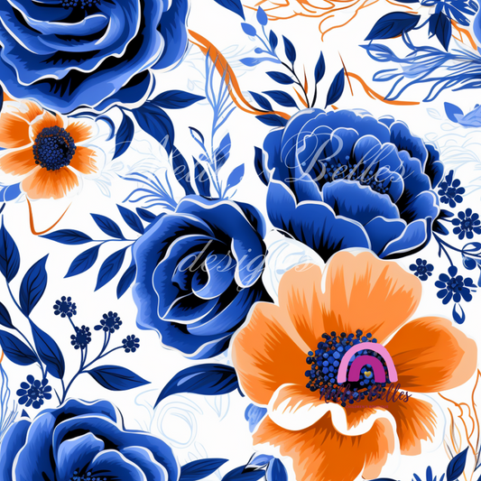 Orange and blue flowers white background