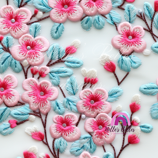 Pink and teal embroidered flowers