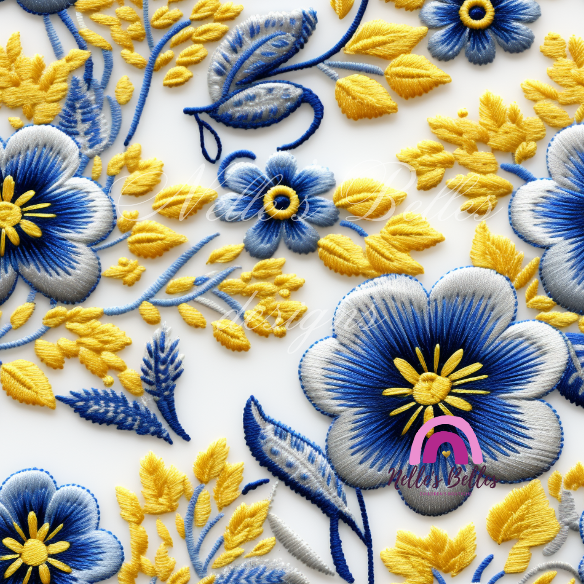 Yellow and blue embroidered flowers